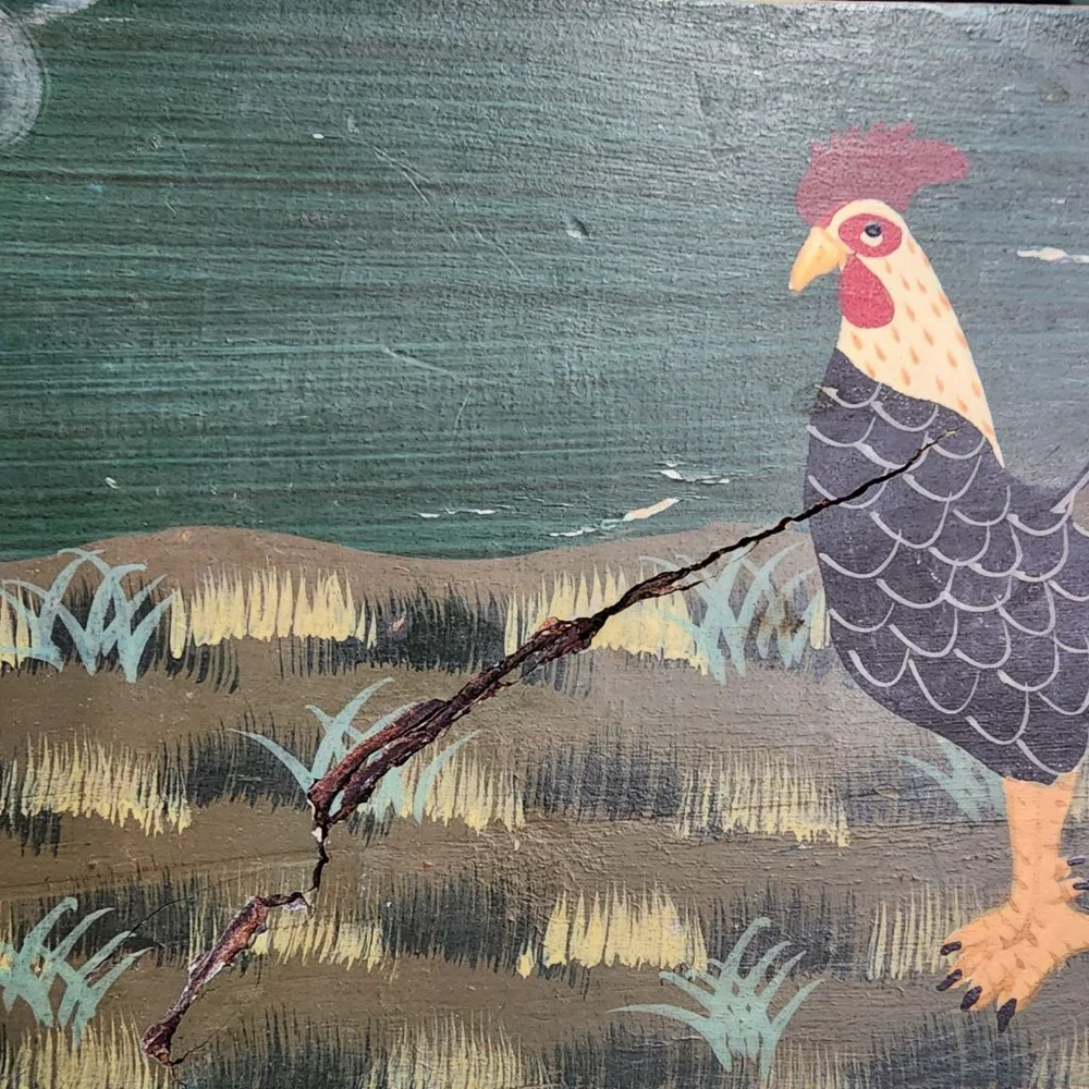 Vintage Hand Painted Folk Art Wooden Box Rooster Farmhouse Primitive Decor